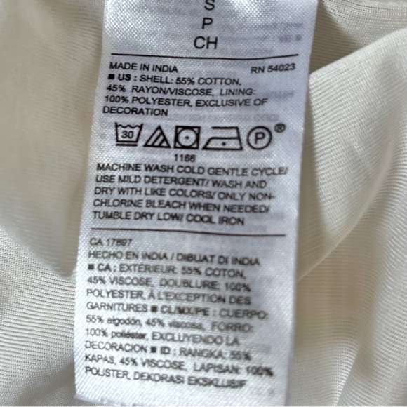 White Ditsy Floral Print Smocked Off-Shoulder Cotton Rayon Blend Dress, Small - Picture 7 of 7